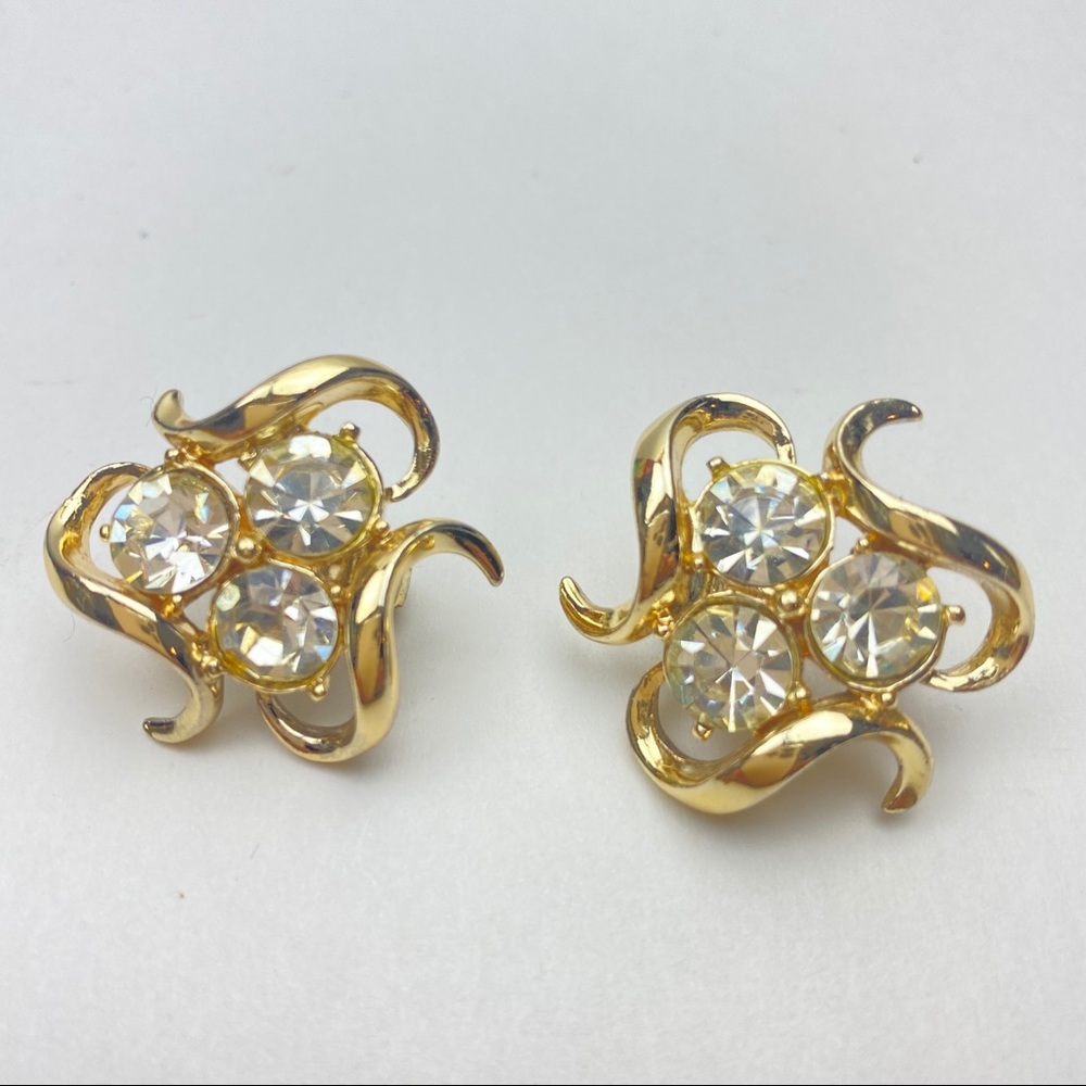 Vintage Coro Gold Tone & Rhinestone Clip Earrings